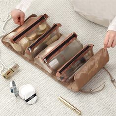 4 in 1 Portable Travel Makeup Cosmetic Bag:A portable makeup brush holder Has 4 pouch to accommodate a range of cosmetic brushes and cosmetic,can be arbitrarily split and combined,easy to roll-up and go. Lightweight & Portable: Each pouch is made of easy to clean durable material and equips a zippered closure. The lightweight material makes each bag only weight about 140g/4.9oz. Easy to Dishtinguish: The pouches have 2 different size for you to make distinctions easily, so you can keep track of Make Up Storage, Cosmetic Bag Organization, Makeup Storage Bag, Retail Bags, Pink Skin, Travel Cosmetic Bags, Cosmetic Storage, Makeup Pouch, Makeup Storage