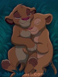 the lion king and cub hugging each other