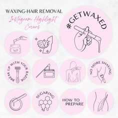 the waxing and hair removal stickers are shown in black on pink circles with white lettering