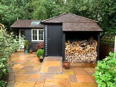 a small shed with wood stacked in it