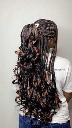 #knotlessboxbraids #braids #curly #boho #hairstyles #blackgirl #french #ponytail Black Box Braids Curly Ends, Box Braids With Curls At End, Hair Styles With Boho Braids, Long Braid Ponytail Hairstyles, Smedium Knotless Boho Braids Long, French Braids Box Braids, French Curl Braids Ponytail, Curled End Braids, Hip Length Braids