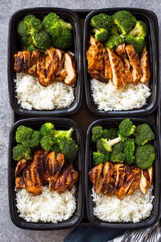 four plastic containers filled with chicken, broccoli and rice