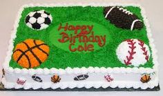 a birthday cake decorated with sports balls and baseballs on green frosting, says happy birthday cole