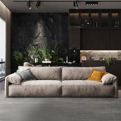 a living room filled with furniture next to a large glass window covered in greenery