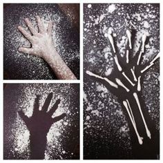 four different pictures of hands and snow on the ground with white powder all over them