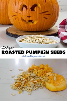 pumpkin seeds with faces carved into them and the words roasted pumpkin seeds in front of it