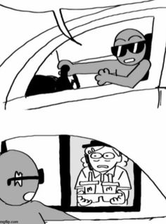 two cartoon images with one man driving and the other looking at another person sitting in a car