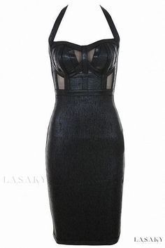 Lasaky - Captivating Black Metallic Halter Cocktail Dress Leather Dress Outfit Night, Black Leather Dress Outfit, Leather Dress Outfit, Black Leather Dress, Bandage Dress Black, Halter Cocktail Dress, Outfit Night, Dress Stand, Sophisticated Dress