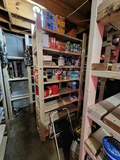 the inside of a storage room with lots of shelves