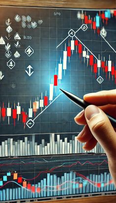 a hand holding a pen in front of a stock chart