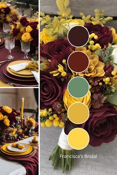 the table is set with yellow, red and green flowers in shades of maroon, orange, gold, and white