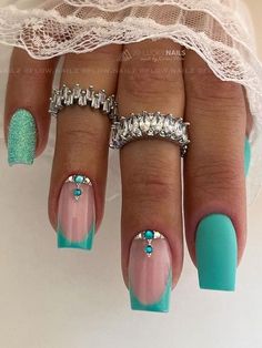 Turquoise Nail Designs Summer 2023, Turquoise Gel Nails Short, Turquoise Wedding Nails For Bride, Summer Aqua Nails, Nails Design Turquoise, Prom Nails Turquoise, Teal Nails With Rhinestones, Aqua Color Nails, Turquoise Tip Nails