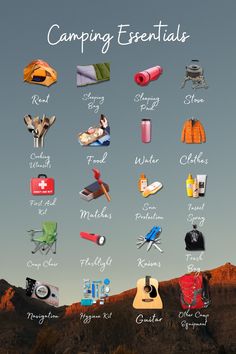 the camping essentials poster is shown in full color