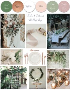 wedding color palettes for the bride and groom to choose from, including pink, green,