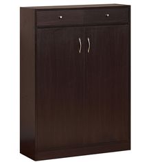 a brown cabinet with two doors and handles