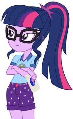 the pony girl with glasses is looking at something