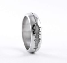 Your personal soundwave is as individual as your fingerprint and creates a beautiful pattern when 3D printed on this geek chic, sterling silver, unisex, soundwave ring. I take your individual soundwave pattern from your voice recording and create your digital ring with CAD technology that is then 3D printed in wax, and then cast in solid sterling silver, gold or platinum (platinum quotes upon request). Create your own sound wave of you saying anything you want! These rings make amazing wedding bands, or a unique personalized gift! With the lost wax casting process your rings will be hand carved in wax and cast in solid sterling silver.  This listing is for one custom, handmade sterling silver sound wave ring. Easy to Order: Select your choices from the drop down menus and click 'add to car Geek Wedding Rings, Digital Ring, Music Ring, Music Note Ring, Music Rings, Queen Rings, Voice Recording, Geek Wedding, Sound Wave