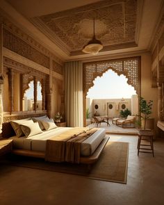 a large bed sitting in the middle of a bedroom next to a window covered with curtains