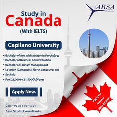 an advertisement for the study in canada with ielts caplano university is shown