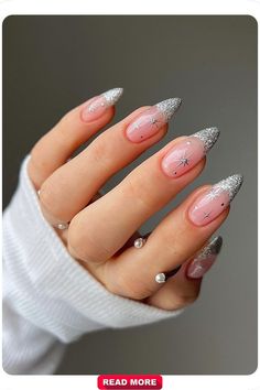 Sparkling Silver Snowflake French winter nails, featuring glittery silver tips and delicate snowflake accents. Ideal for holiday gatherings, adding a magical touch to your look. Grey Christmas Nails, Nail Colors Winter, Cute Christmas Nails, Christmas Nails Acrylic, Jelly Nails, Winter Nail Designs, Festival Nails, Xmas Nails