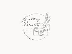 a camera and some plants with the words city first written in black ink on a white background