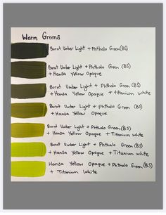 the color chart for warm green is shown in black and white, with different shades