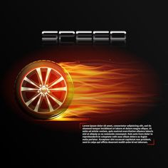 a wheel with flames on it and the words speed written in white letters above it