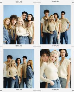 four different pictures of people posing together for a group photo with their arms around each other