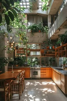 an open kitchen with lots of plants growing on the walls and ceiling, along with wooden tables and chairs