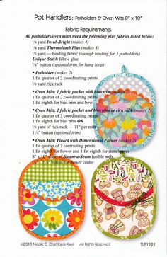 the instructions for pot holders and oven mitts are shown in this page, which shows how to make them