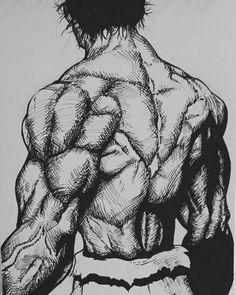 a black and white drawing of a man's back with his hands on his hips