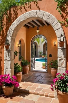 ♡ THE POSSIBILITIES ARE ENDLESS Spanish Villa Decor, Hacienda Style Patio, Hacienda Patio, Mexican Patio Ideas, Wooden Pergolas, Mexican Patio Hacienda Style, Spanish Colonial Architecture, Hacienda Homes, Spanish Hacienda