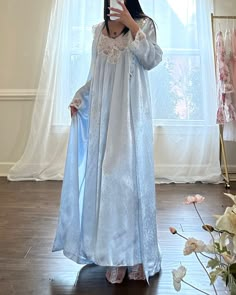 - Beautiful soft blue matching set includes sheer frosted blue maxi slip dress featuring sheer lace with floral embroidery at bustier on a sakura embossed fabricThe robes features matching lace embroidery on cuffs and collar- robe belt included; pockets on robes-size M-pristine condition with no visible flaws 🤍Model Measurements: - Bust: 34B - Waist: 26 - Hip: 38 - Height: 5"4 🤍 Size of mannequin: size 2 - 4 Spring Evening Lace Sleepwear, Blue Lace Gown For Spring, Spring Blue Lace Gown, Blue Lace Nightgown With Lace Trim, Night Gown Dress, Causal Outfits, Maxi Slip Dress, Blue Maxi, Lovely Clothes