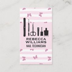 a pink and white business card with the words reebca williams nail technician