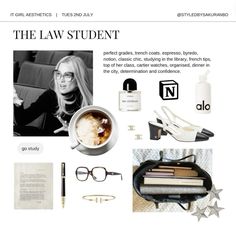 the law student's website is displayed with glasses, books, and other items