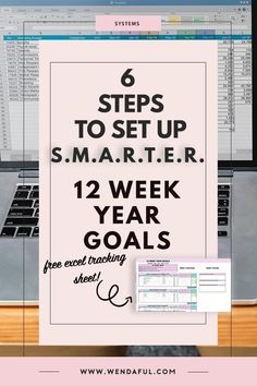 a laptop computer sitting on top of a desk with text overlay reading 6 steps to set up smarter 12 week year goals