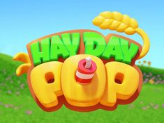 the logo for hay day pop is shown in front of a blue sky and green trees