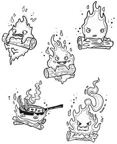 black and white drawing of hot dogs, hamburgers, and burgers on fire