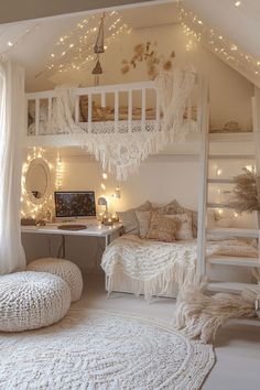 a loft bed with lights strung from the ceiling above it and a desk in the corner