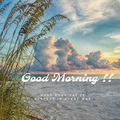 the words good morning are in front of an image of clouds and grass on the beach