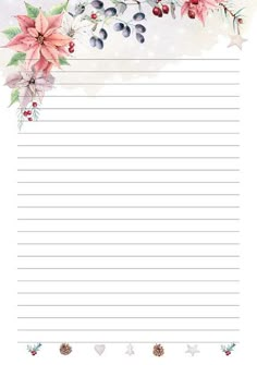 a christmas lined paper with poinsettis, holly and berries on the border