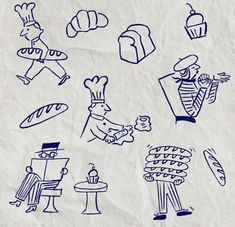 an image of some drawings on paper with food and people in the middle one is blue