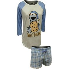 Perfect for relaxing on the couch or sleeping! These awesome shortie pajamas for ladies feature Sesame Street's Cookie Monster on a raglan style top. The lace trim plaid shorts have a wide elastic waist. Junior cut. Size: L.  Color: Blue.  Gender: female.  Age Group: adult. Cookie Monster Pajamas, Sesame Street Cookie Monster, Plus Size Pajamas, Cookie Monster, Plaid Shorts, Monster Cookies, Blue Lace, Pajamas Women, Pajama Set