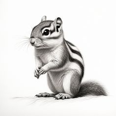 a black and white drawing of a chipmun eating a piece of food in front of a white background