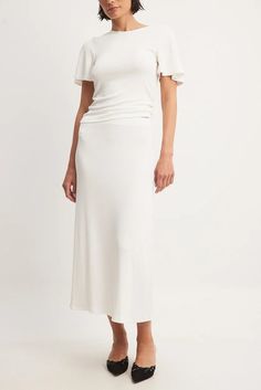 Soft Rib Midi Skirt White | NA-KD Chic Pencil Skirt For Loungewear, Chic Lined Skirt For Loungewear, Flowy Long Skirt For Loungewear, Flowy Midi Skirt For Loungewear, Chic Solid Color Skirt For Loungewear, Relaxed Fit Midi Skirt For Loungewear, Relaxed Midi Skirt For Loungewear, White Pleated Midi Dress For Spring, White Pleated Skirt Midi Dress For Spring