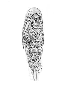 a black and white drawing of a skeleton with roses on it's back leg