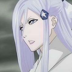 an anime character with purple hair and stars on her ear, staring at the camera