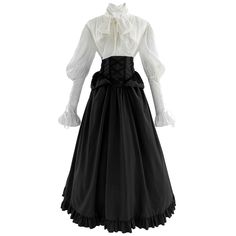 PRICES MAY VARY. Satin Imported Package Included - 1* Victorian blouse; 1* Maxi skirt. Material - The victorian blouse is made of satin, glossy textured fabric, very noble and elegant. The retro skirt is made of polyester, very soft and comfortable to wear, heavy hem and not see-through. Features - Elegant V-neck, the front ribbon can be tied into a large bow, lantern sleeve with drawstring ruffle cuffs, and lace-up on the back to adjust the waist. The corset belt-style victorian skirt is full l 1899 Womens Fashion, Different Dress Silhouettes, Victorian Fashion Casual, Vampire Clothes Female, Victorian Winter Clothes, Victorian Tea Dress, Modern Victorian Fashion Women, Elegant Victorian Dresses, Victorian London Fashion