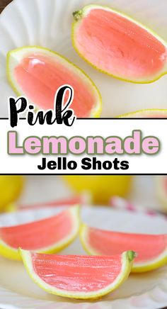 pink lemonade jello shots on a white plate with the words, pink lemonade jello shots