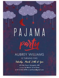 a purple and red party card with clouds, stars and the words pajama party